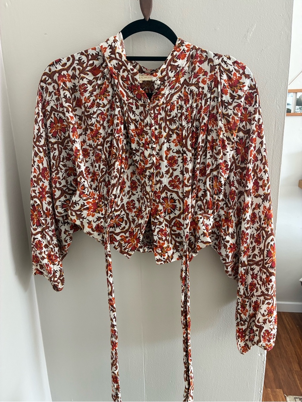 Cynthia Rowley White Floral Tie-Front Blouse with Rust and Brown Print